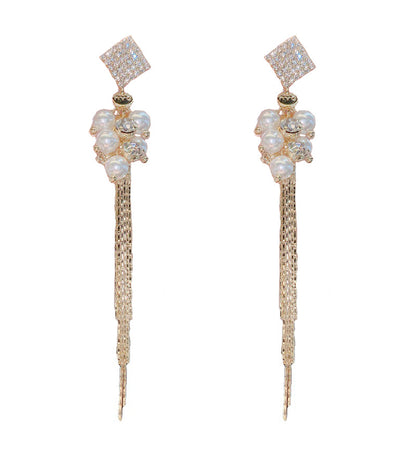 S925 Silver Micro-set Diamond Long Pearl Fringe Earrings