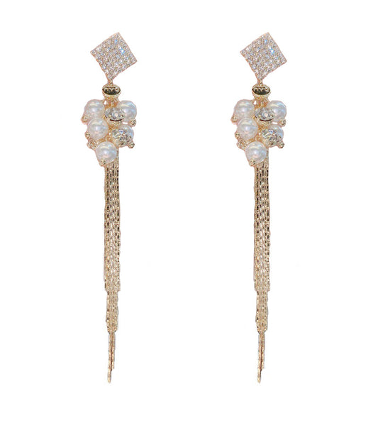 S925 Silver Micro-set Diamond Long Pearl Fringe Earrings