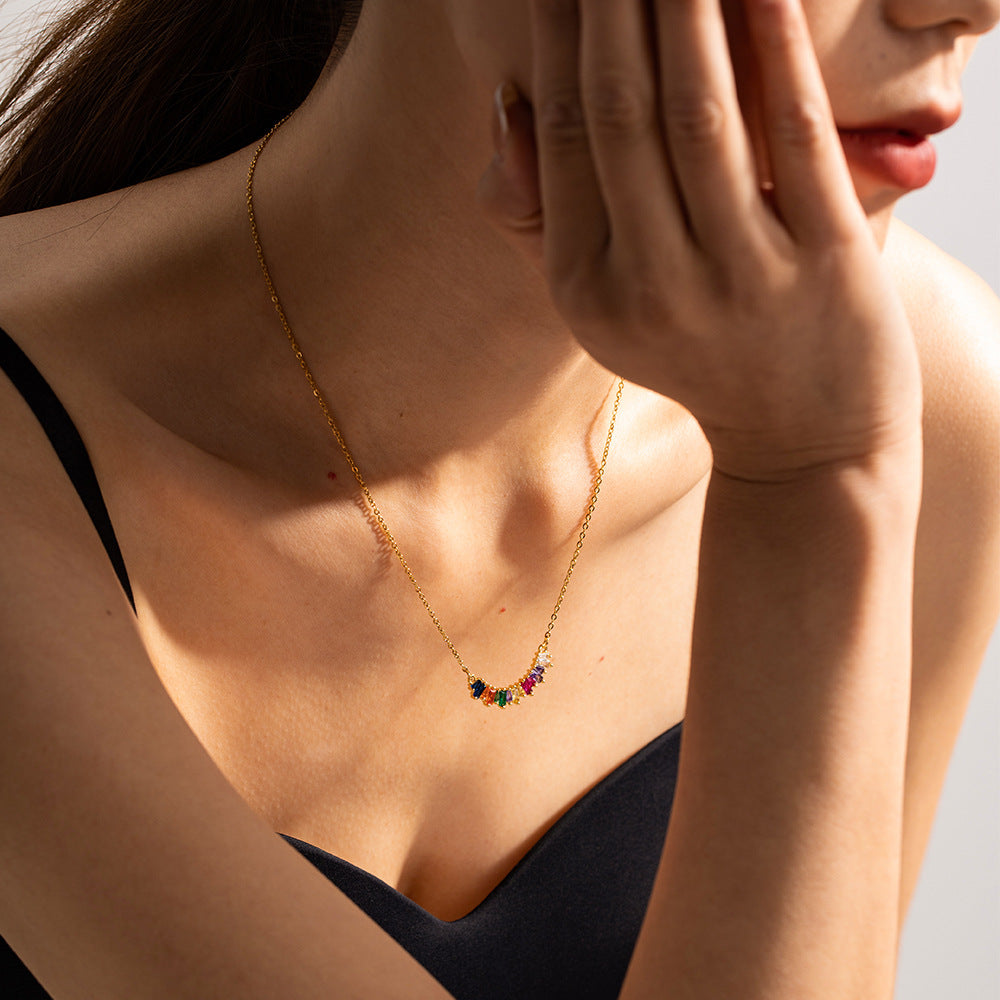 Geometric Rainbow Pendant Encrusted Zircon Necklace