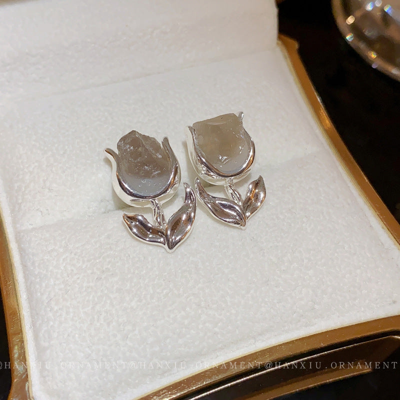 Silver Needle Flower Crystal Earrings