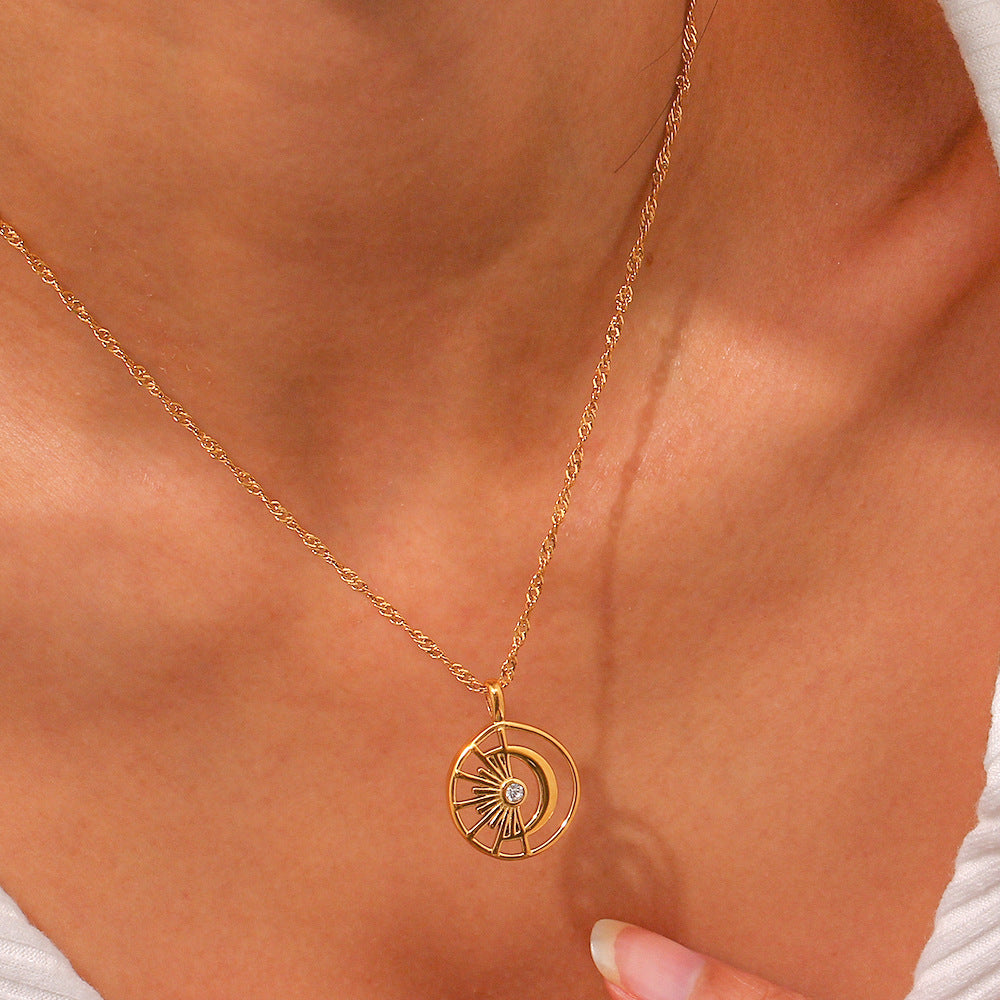 Stainless Steel Hollow Sun Moon Necklace