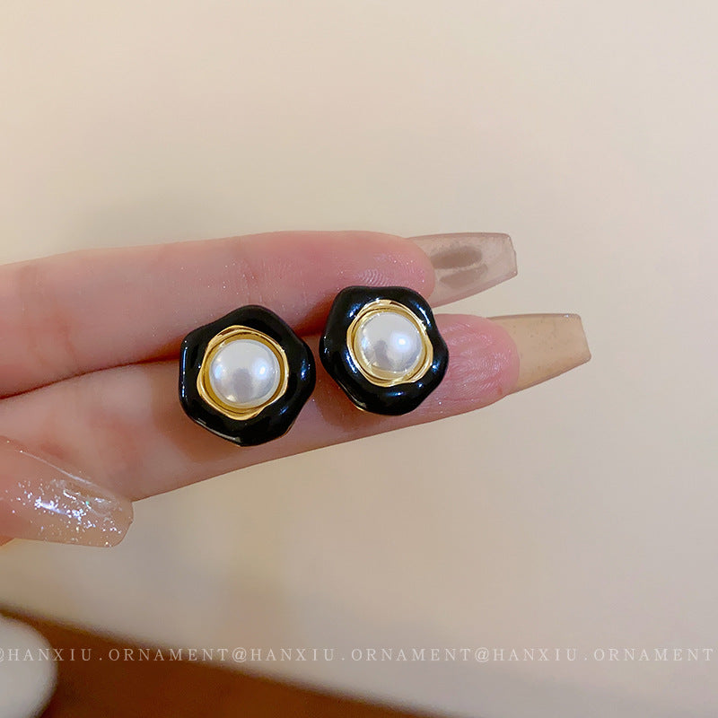 Silver Needle Drop Oil Flower Pearl Earrings