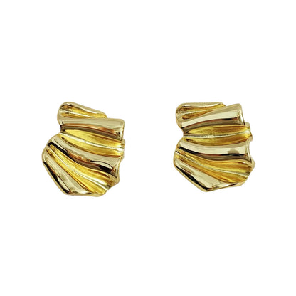 French Brass Stud Earrings with Irregular Pleats