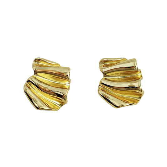French Brass Stud Earrings with Irregular Pleats