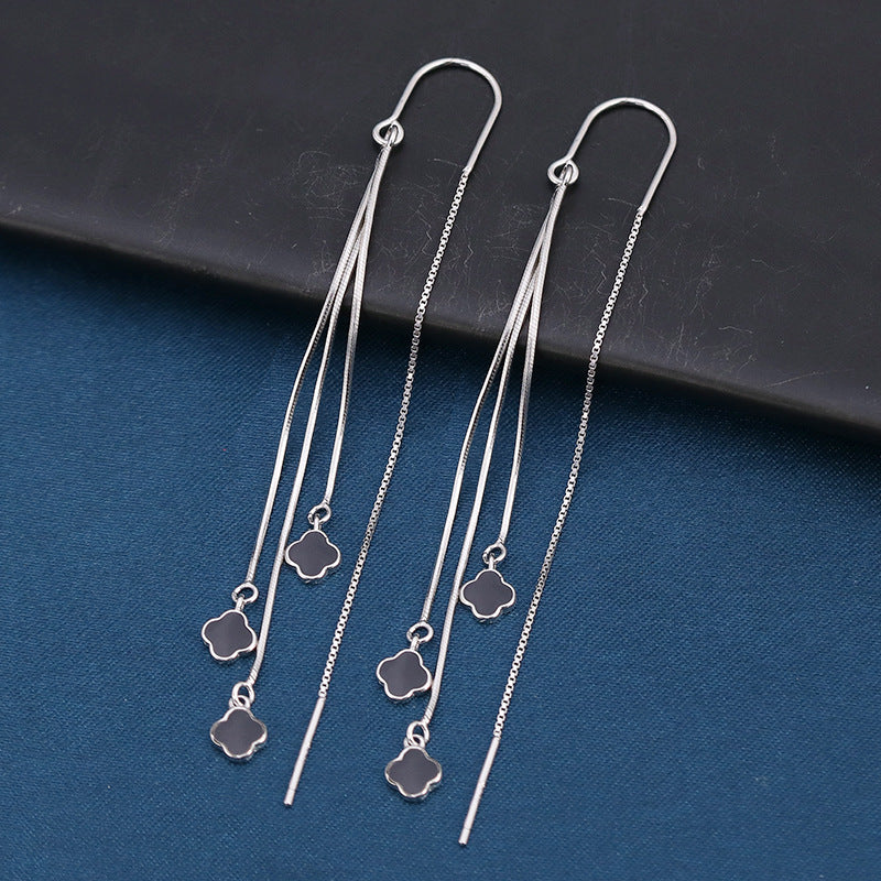 S925 Sterling Silver Four-leaf Clover Tassel Earrings