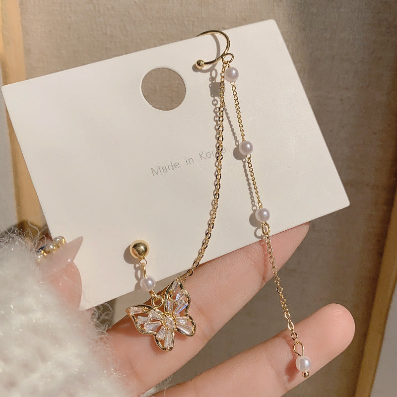 Butterfly Mori One-piece Bone Earrings with Pearl Chain Earrings