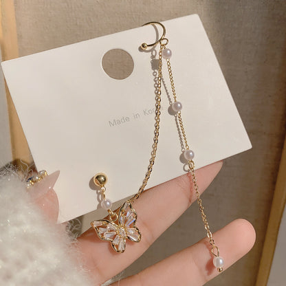 Butterfly Mori One-piece Bone Earrings with Pearl Chain Earrings