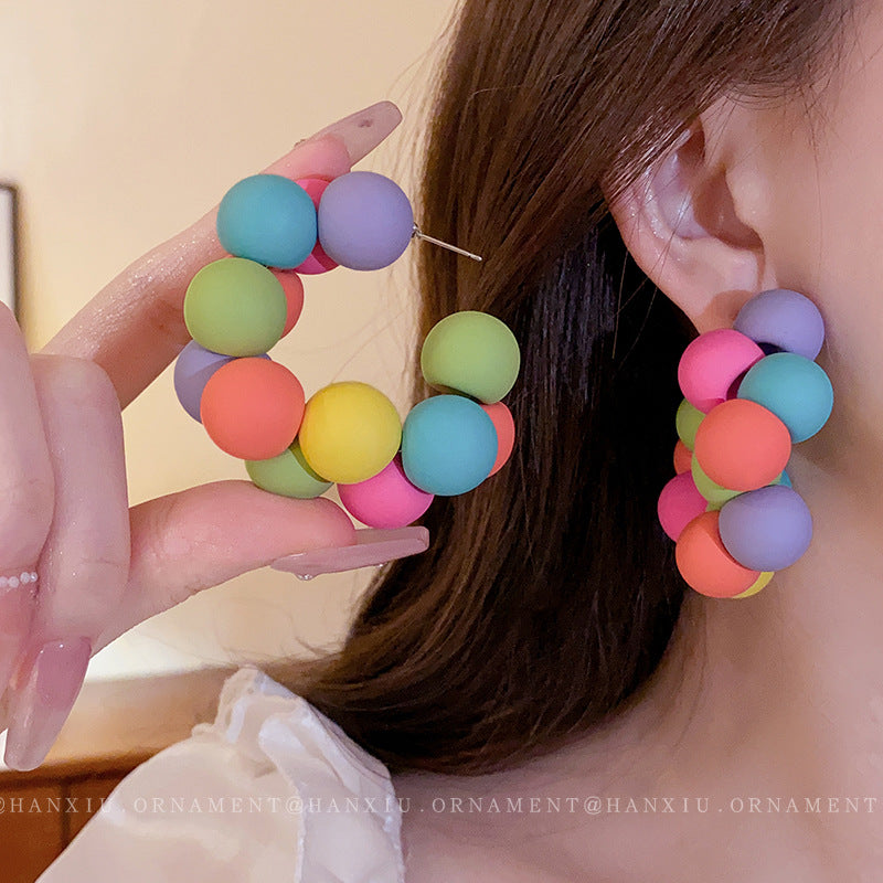Silver Needle Candy-colored Round Pearl Earrings
