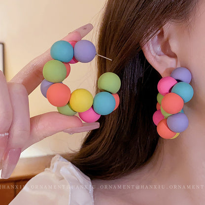 Silver Needle Candy-colored Round Pearl Earrings