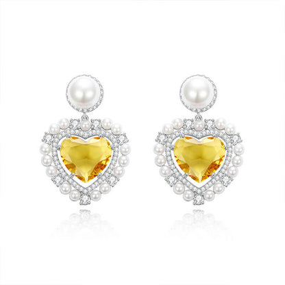 Zircon Yellow Diamond Heart and Pearl Earrings Brilliant Pink Diamond Stud Earrings