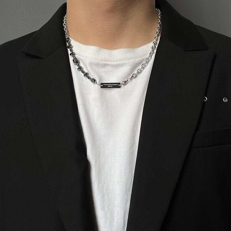 Vintage Black Gallstone Spliced Hip Hop Titanium Steel Necklace