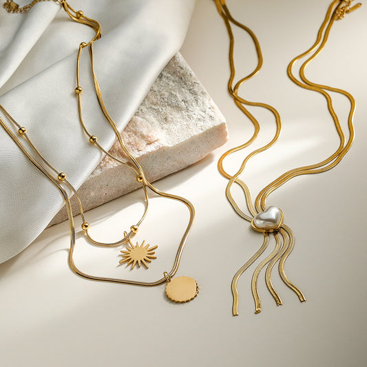 Sun & Heart Tassel Pendant 2 Layers Necklace