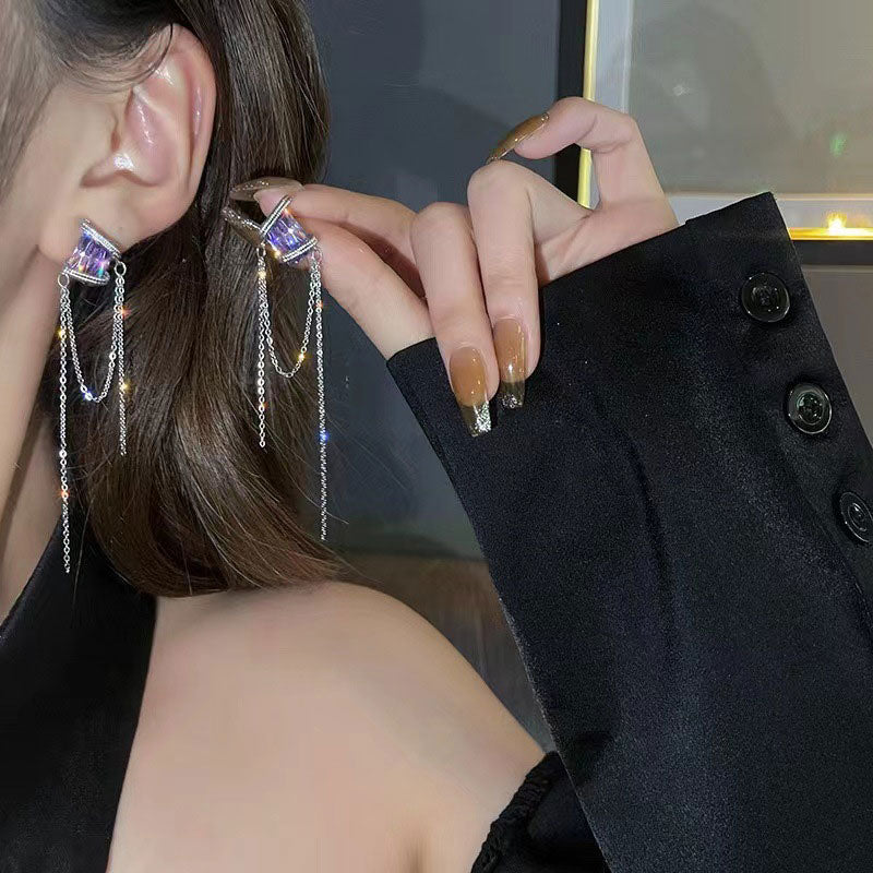 Square Zircon Bundle Long Tassel Chain Earrings for Women