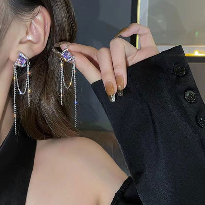 Square Zircon Bundle Long Tassel Chain Earrings for Women