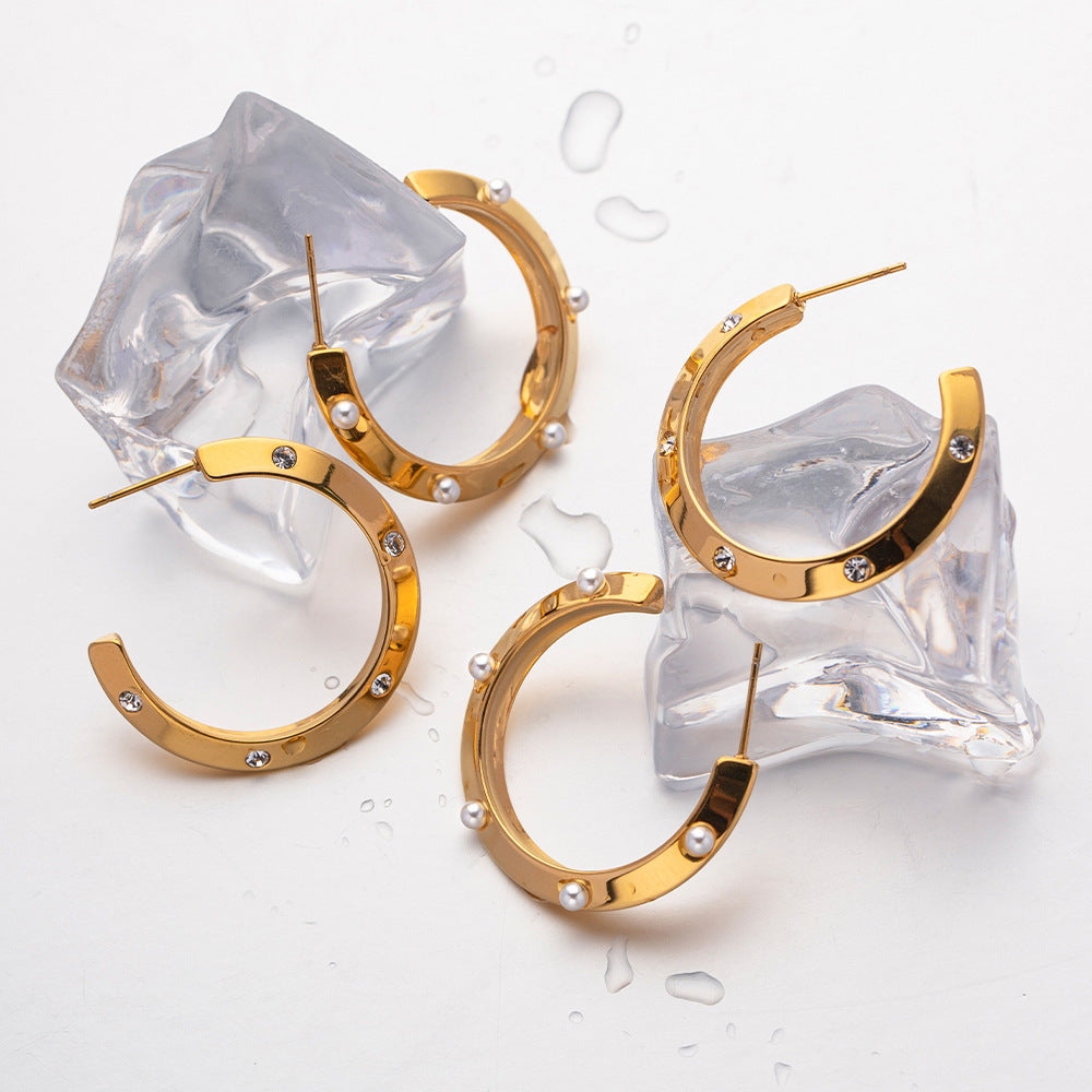 Gold-plated Stainless Steel Pearl Zircon Earrings