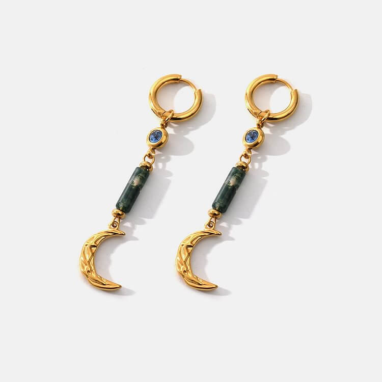 Moss Agate Moon Pendant Earrings