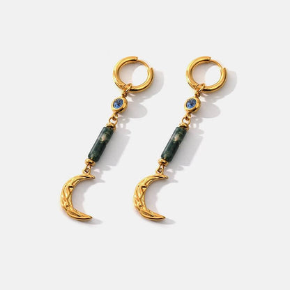Moss Agate Moon Pendant Earrings
