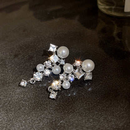 Cute Full Stones Fishtail Pearl & Flower Tassel Earrings