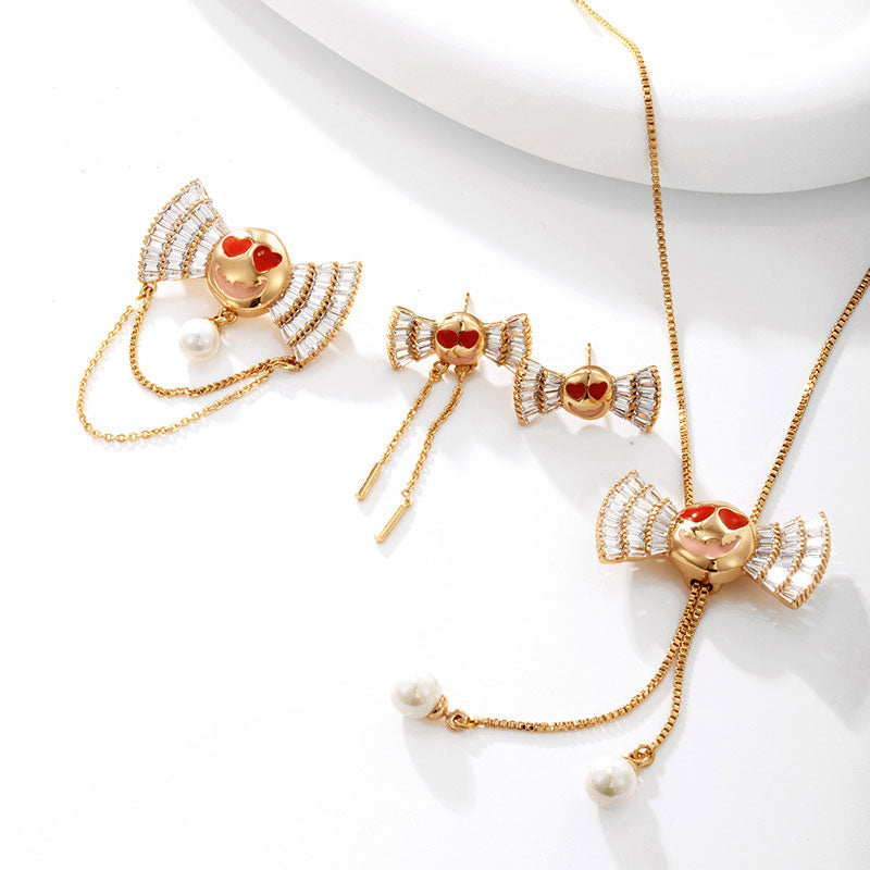 Halloween Funny Devil Candy Smiley Face Necklace Earrings Brooch Three-piece Set