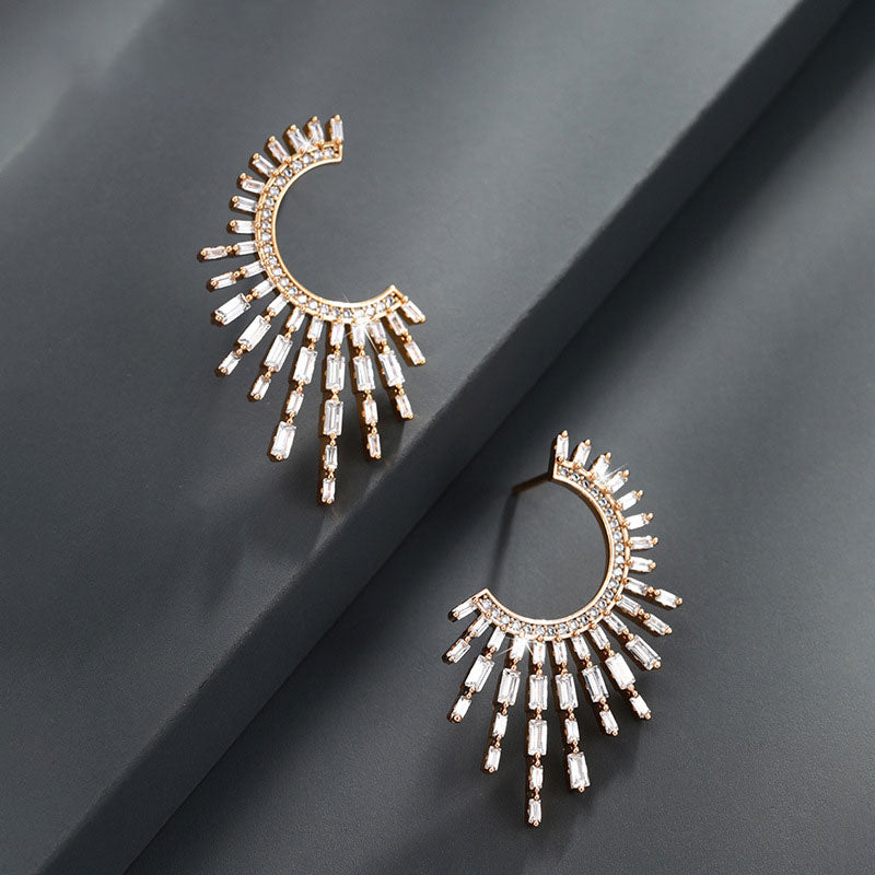 Sector-shaped Light Luxury Zircon Retro Earrings