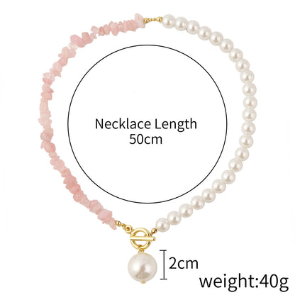 Half Design Pearls & Irregular Pink Stones Link Necklace