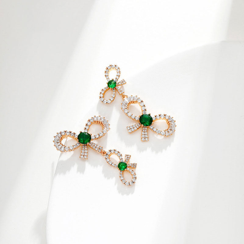 Palace Retro Bow Imitation Emerald Stud Earrings