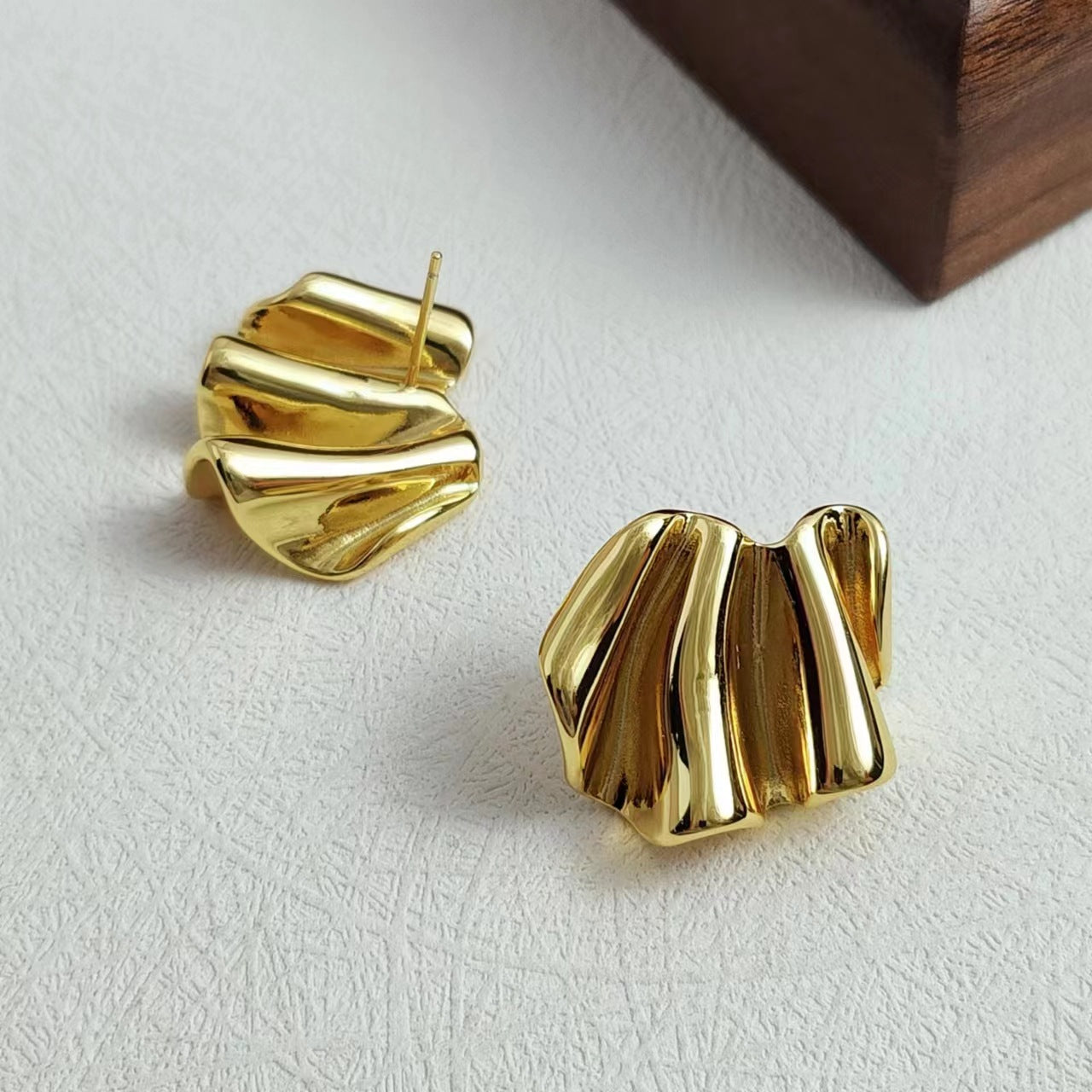 French Brass Stud Earrings with Irregular Pleats