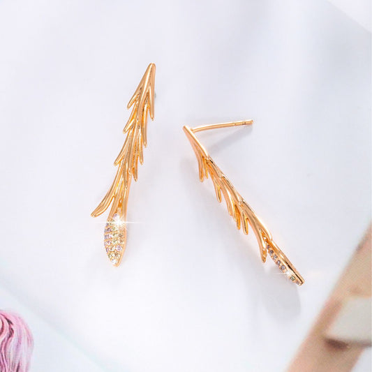K-plated Gold Leaf Long Earrings with Zircons