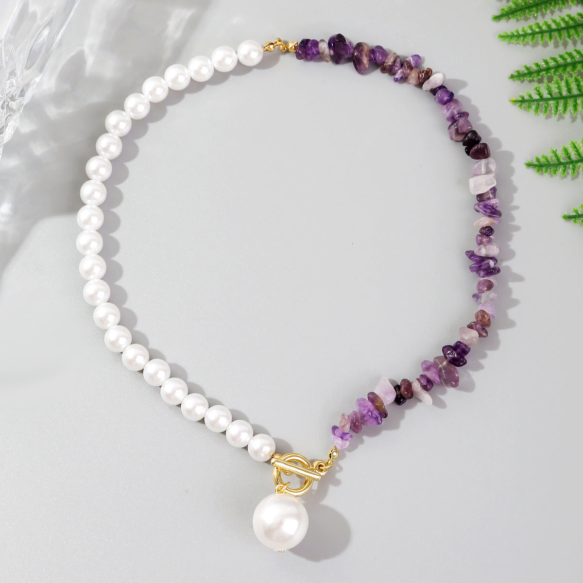 Half Design Pearls & Irregular Purple Stones Link Necklace