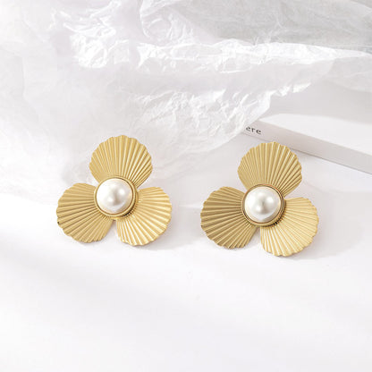 Gold Titanium Steel Pearl Flower Earrings