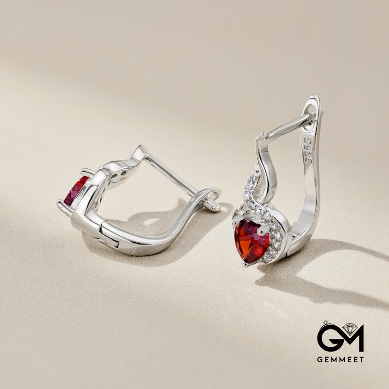 S925 Sterling Silver Red Heart White Round Zircon Earrings