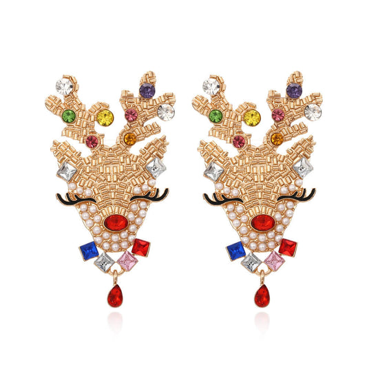 Christmas Creative Earrings Exaggerated Alloy Inlaid Zircon Elk Earrings Female Animal Imitation Pearl Earrings