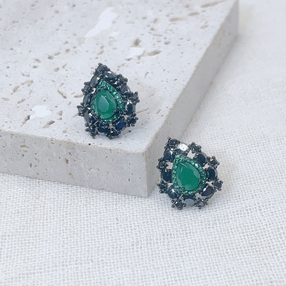 Black Pear-Shaped Green Zircon Inlaid Earrings