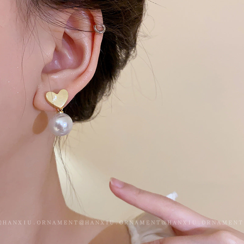 Silver Needle Heart Pearl Earrings