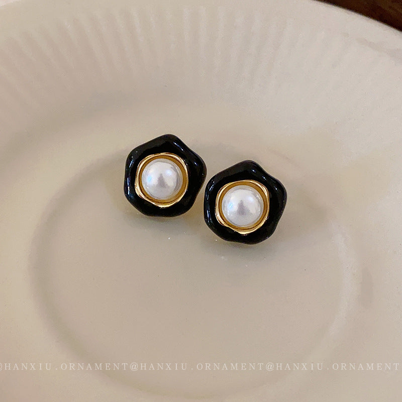 Silver Needle Drop Oil Flower Pearl Earrings