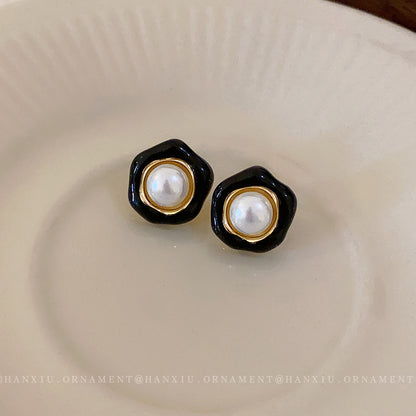 Silver Needle Drop Oil Flower Pearl Earrings