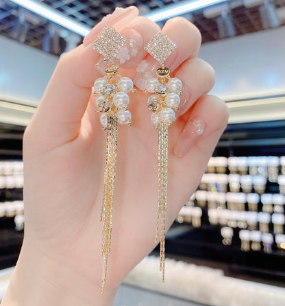 S925 Silver Micro-set Diamond Long Pearl Fringe Earrings