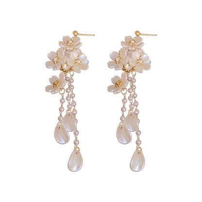 French Flower Earrings with Diamond and Pearl Fringe