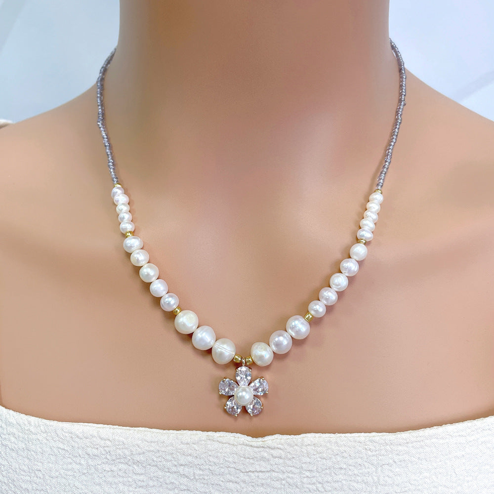 Copper Plated Gold Zircon Flower Pearl Necklace
