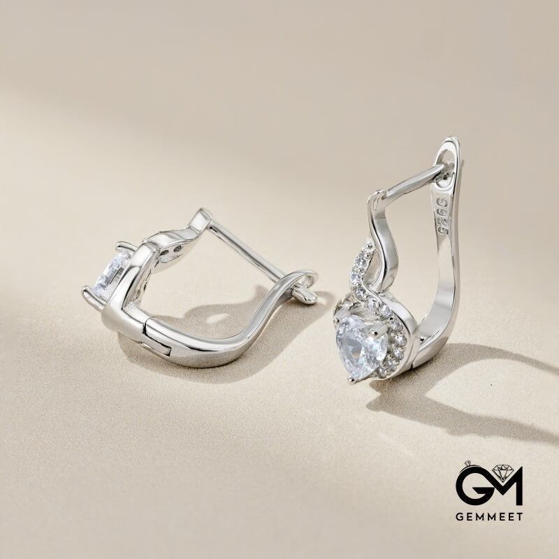 S925 Sterling Silver Red Heart White Round Zircon Earrings