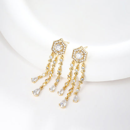 Micropaved Zirconia Gold Plated Long Tassel Earrings
