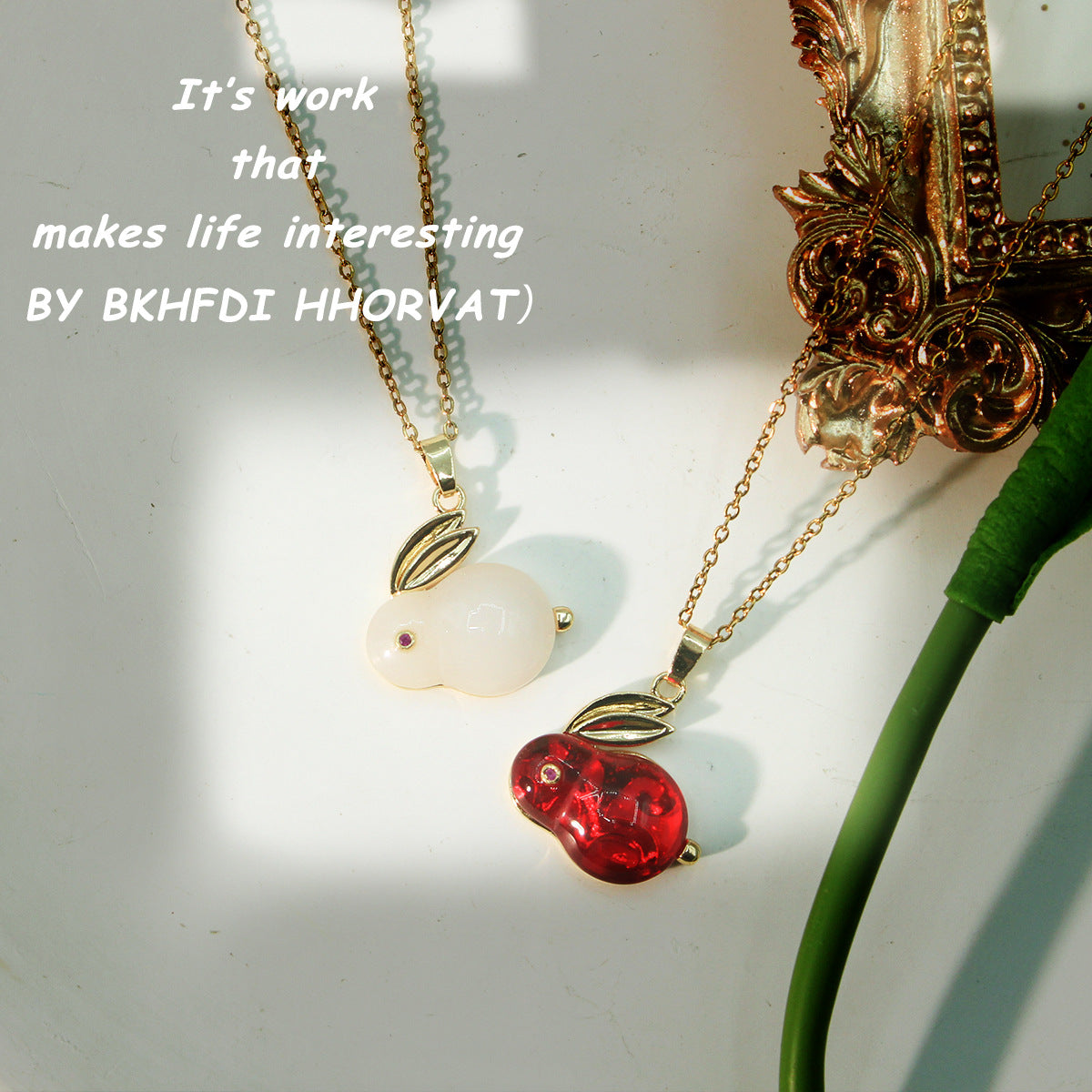 Titanium Steel Necklace Red and White Jade Rabbit New Everything