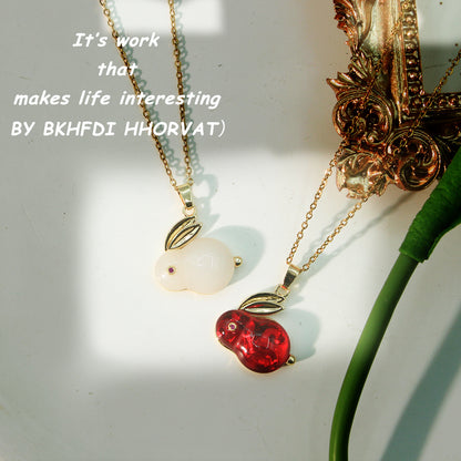 Titanium Steel Necklace Red and White Jade Rabbit New Everything