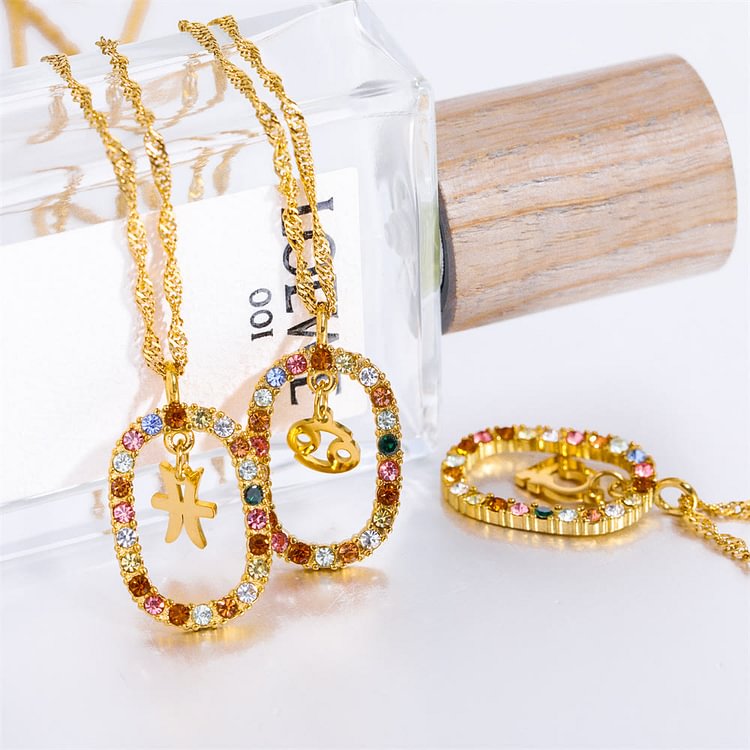 Zircon Openwork Oval Constellation Zodiac Necklace
