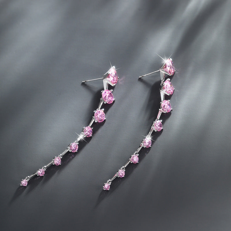 Sakura Pink Zircon Long Tassel Earrings