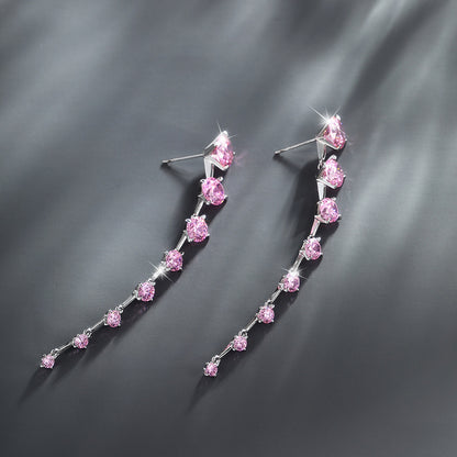 Sakura Pink Zircon Long Tassel Earrings