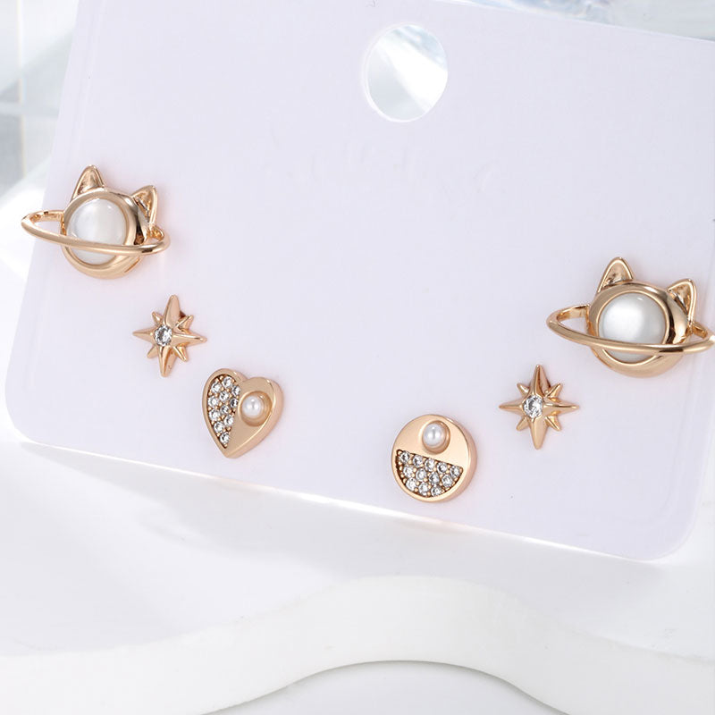One Card Three Pairs Set Cat Love Star Stud Earrings