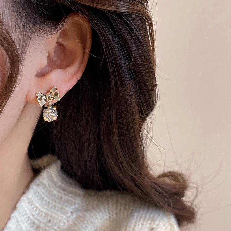 Electroplated Chequered Bow Zircon Ball Earrings