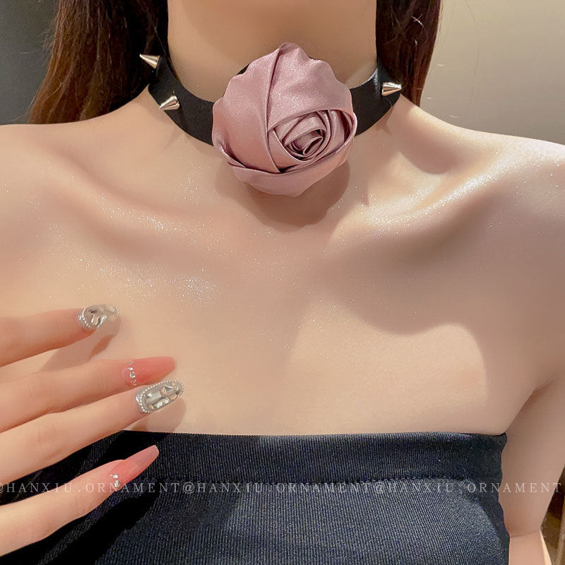 Fabric Rose Studded Punk Necklace