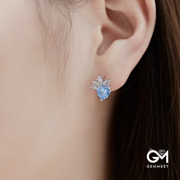 S925 Sterling Silver Sea Blue Heart Stud Earrings